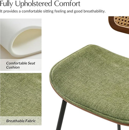 HULALA HOME Rattan Dining Chairs Set of 2, Green Farmhouse Upholstered Kitchen Chairs Set with Square Cane Backrest, Metal Legs for Dining Living Room Resurant Cafe - Moss