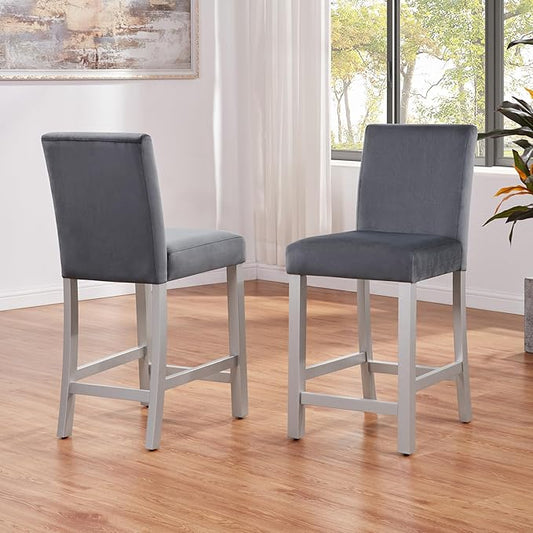 Counter Height Chairs for 4: 330 LBS Solid Wood Barstools - Ergonomic High Back Support for Kitchen Island & Dining Room - Silver Grey Upholstered Set
