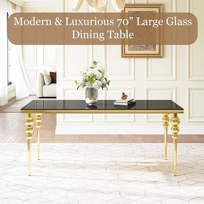 70 Inch Glass Dining Table for 6-8, Luxurious Rectangular Kitchen Table with Black Tempered Glass Top, Gold Stainless Steel Legs for Dining Room, Restaurant, Living Room