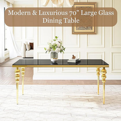 70 Inch Glass Dining Table for 6-8, Luxurious Rectangular Kitchen Table with Black Tempered Glass Top, Gold Stainless Steel Legs for Dining Room, Restaurant, Living Room