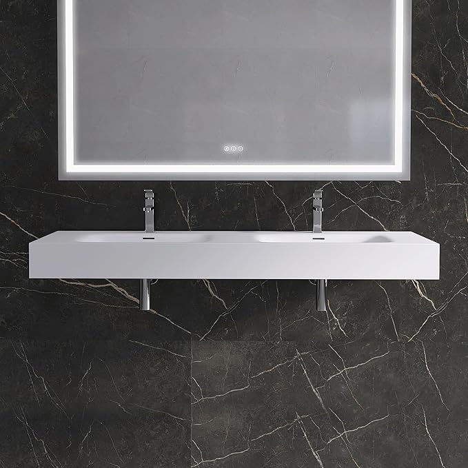 Wall Mount Double Bathroom Sink 59"L x 18"W x 5"H, Resin Stone Floating Sink with Facuet Holes, Rectangle Countertop Freestanding Vessel Sinks (Double Holes 59'')