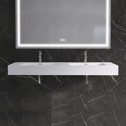 Wall Mount Double Bathroom Sink 59"L x 18"W x 5"H, Resin Stone Floating Sink with Facuet Holes, Rectangle Countertop Freestanding Vessel Sinks (Double Holes 59'')