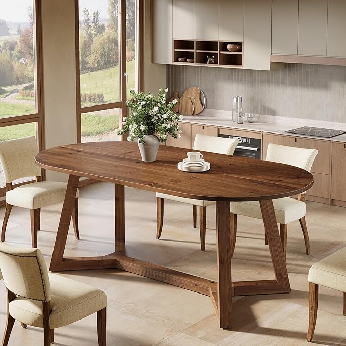 Solid Wood Oval Dining Table for 4-6, 63-Inch Wooden Farmhouse Kitchen Table with Sturdy Tapered Legs for Living Room, Dining Room,Office (Rustic Brown)