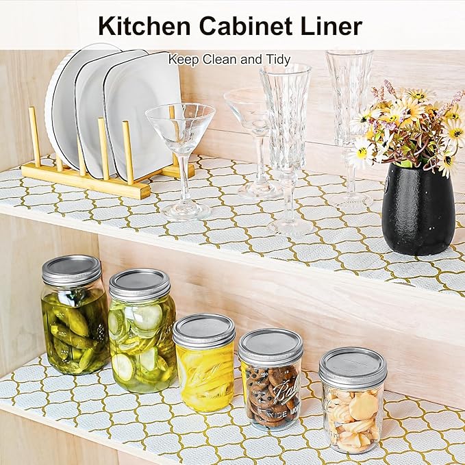 Drawer and Shelf Liner for Kitchen Cabinet,Non-Adhesive Cabinet Liner 18in x 10FT,Waterproof Shelf Paper Non-Slip Mats Cupboard Liners Contact Protect Dresser/Shelves/Table-Golden Lantern