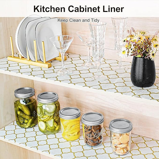 Drawer and Shelf Liner for Kitchen Cabinet,Non-Adhesive Cabinet Liner 18in x 10FT,Waterproof Shelf Paper Non-Slip Mats Cupboard Liners Contact Protect Dresser/Shelves/Table-Golden Lantern