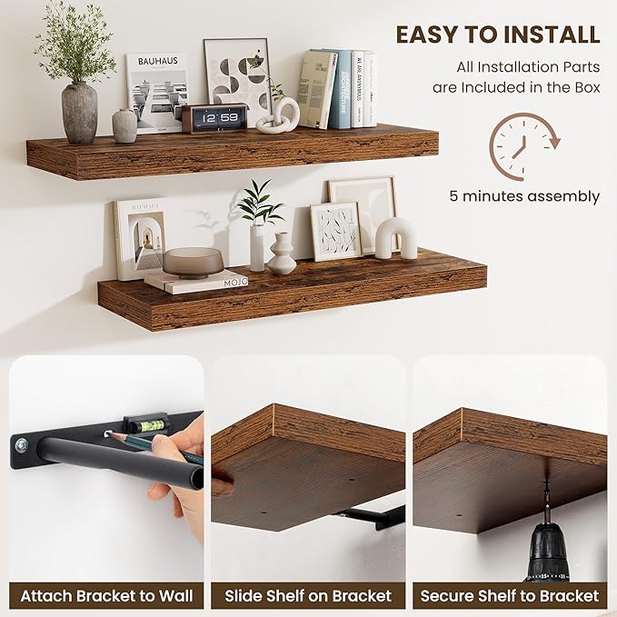 Fun Memories 32 x 12 Floating Shelves Wall-Mounted - Rustic Wood Shelf - 12 Inch Deep Floating Shelves for Wall - Large Storage Shelf for Bathroom - Kitchen & Bedroom - Rustic Brown - Set of 2