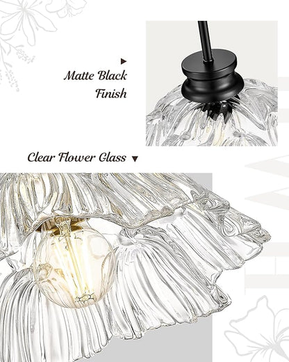 Black Pendant Lights Kitchen Island, HWH Hanging Light Fixtures for Dining Room, Bedroom, 10 Inch Glass Pendant Light with Clear Flower Glass, Matte Black Finish, 5HJX112MIL BK