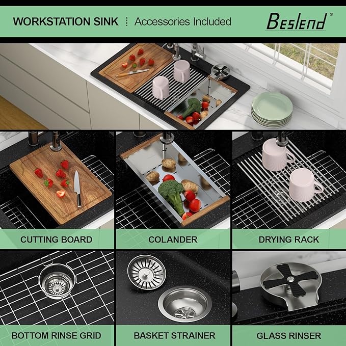 33 Granite Composite Kitchen Sink - Beslend 33x22 Drop In Black Kitchen Sink with High Pressure Glass Rinser, Granite Composite Worksation Black Sinks Easy Clean Quartz Basin for Kitchen Remodel