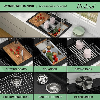 33 Granite Composite Kitchen Sink - Beslend 33x22 Drop In Black Kitchen Sink with High Pressure Glass Rinser, Granite Composite Worksation Black Sinks Easy Clean Quartz Basin for Kitchen Remodel