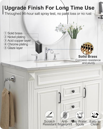 Waterfall Chrome Bathroom Faucet 3 Hole, Brass 4-16 Inch Widespread Bathroom Sink Faucet with Pop Up Drain, cUPC Supply Lines and 2 Handles for Vanity, Restroom, 10 Min Install