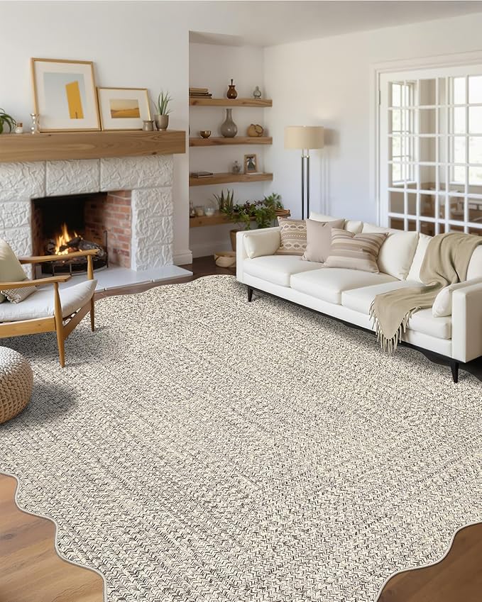 Imitation Braided Collection-Print Washable Rugs 10x13 Area Rug for Living Room Scalloped Bedroom Rug Soft Large Area Rug Non Slip Throw Rugs Stain Resistant Carpet for Nursery Dining Room