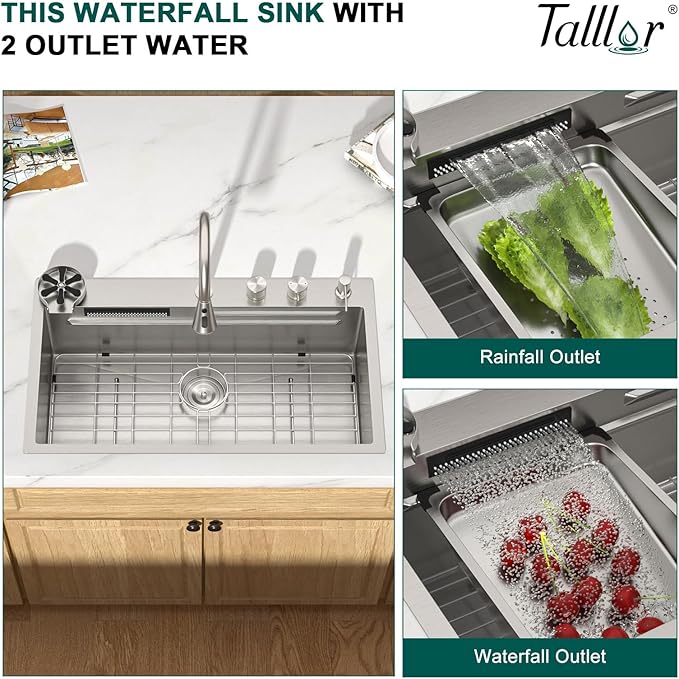 33 Inch Drop-In Single Bowl Kitchen Sink with Faucet, 16 Gauge 304 Stainless Steel Workstation All-In One Sink with Waterfall & Rainfall Outlet, Five-Hole Design, Cup Washer #TLWF-0026