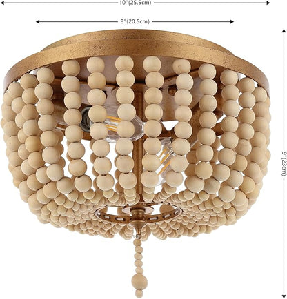 JONATHAN Y 10" Antique Gold/Cream Allison 2-Light LED Flush Mount Ceiling Light for Bedroom, Wood Beaded Shade Shabby Chic Farmhouse Rustic Decor, LED Bulbs Included JYL9074A