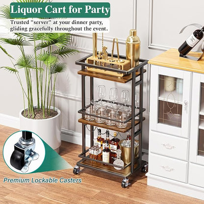 OKZEST 3-Tier Liquor Cabinet with Wine Rack, Mini Bar Cart for Home, Small Liquor Bar for Alcohol, Rolling Kitchen Serving Cart on Wheels, Wine Drink Cart for Party, Bar Stand for Small Space