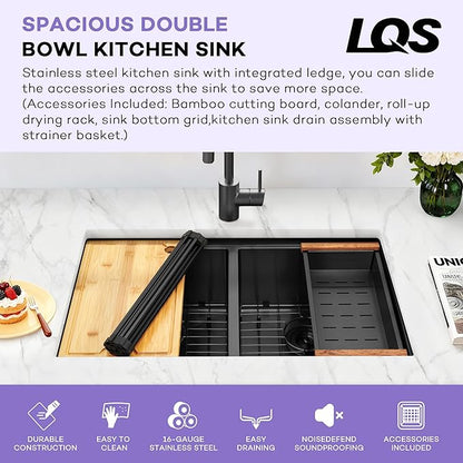 LQS 32 Inch Black Kitchen Sink, Undermount Kitchen Sink Black with Abundant Workstation Accessories, 10” Deep Enough and 50/50 Double Kitchen Sink for Food Prep and Dish Rinsing