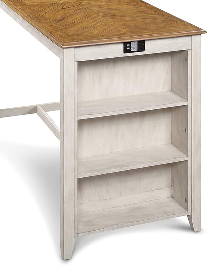 New Classic Furniture Amy Farmhouse Kitchen Counter Island Dining Table for 4 with Storage Shelf & USB Chargers, 60-Inch, Two Tone Vintage White/Brown