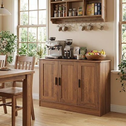 Anystyle 43" Rustic Brown Buffet Cabinet with Black Handles, Small Kitchen Sideboard with 3 Doors & Adjustable Shelves, Industrial Entryway Credenza & TV Console Table for Living Room, Dining Room