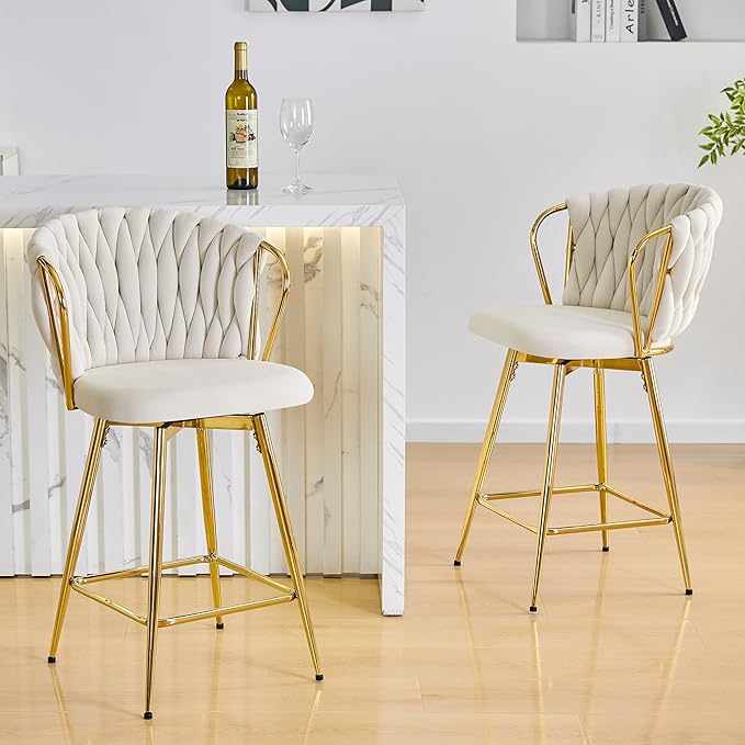 Velvet Upholstered Bar Stools Set of 2,Counter Height Bar Stools Set of 2, Modern Barstools for Kitchen Island, Cafe, Pub