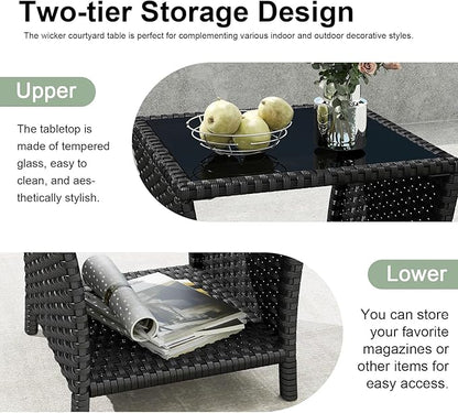 kinbor Small Outdoor Table - Set of 2 Tempered Glass Top Small Outdoor Wicker Side Table with Storage Shelf for Patio, Balcony & Porch, Durable PE Rattan & Iron Frame