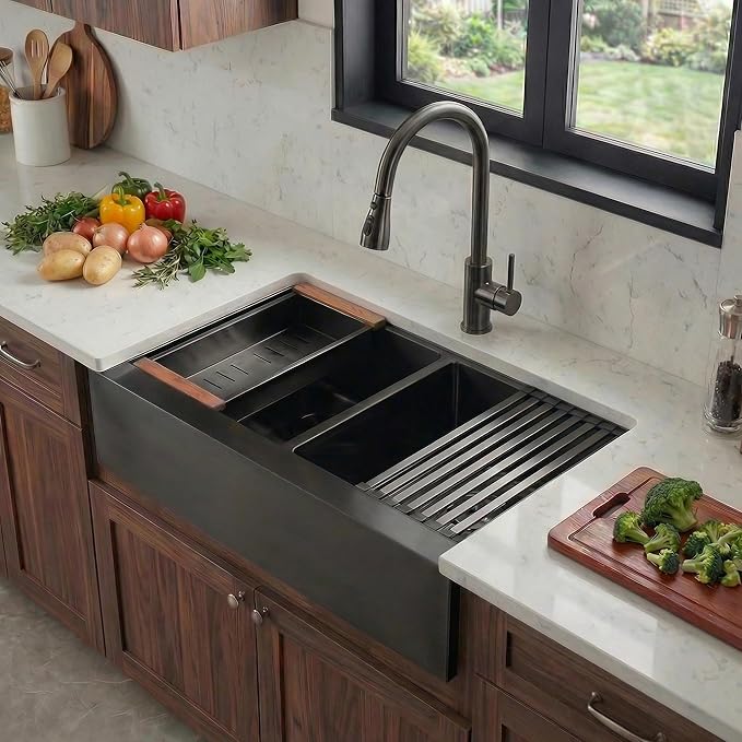 LQS Double Bowl Kitchen Sink, Undermount/Drop In Kitchen Sink, Double Bowl Stainless Steel Kitchen Sinks, 16 Gauge Stainless Steel Handmade Sinks (Black, 28" x 22" x 10")
