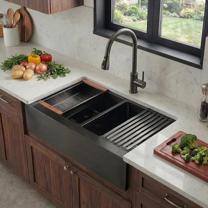 LQS Double Bowl Kitchen Sink, Undermount/Drop In Kitchen Sink, Double Bowl Stainless Steel Kitchen Sinks, 16 Gauge Stainless Steel Handmade Sinks (Black, 28" x 22" x 10")