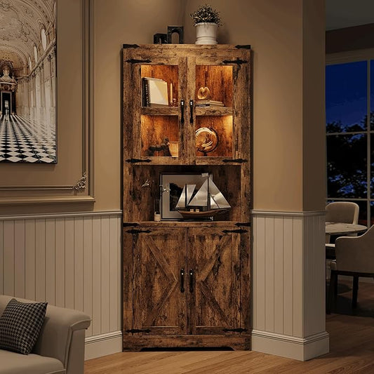 GarveeHome 67 in Tall Corner Storage Cabinet with Lights, Farmhouse Corner Hutch Display Cabinet with Glass Doors, Wooden Storage Organizer for Kitchen, Living Room, Bathroom, Brown