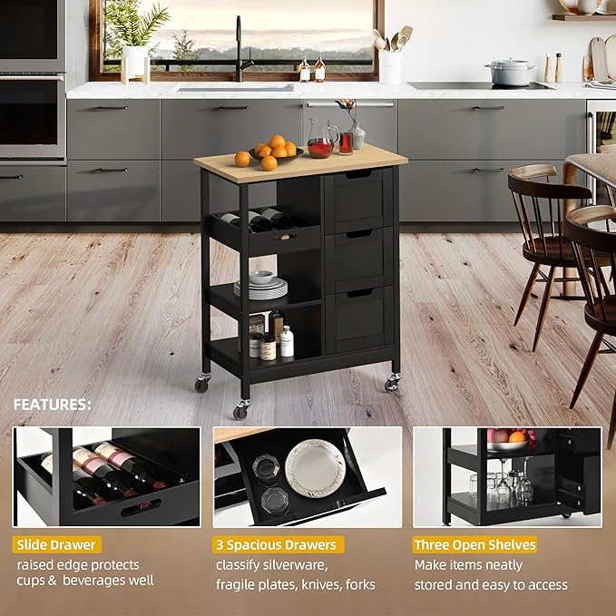DWVO Solid Wood Top Rolling Kitchen Island Cart, 3 Tier Mobile Kitchen Storage Island Cart with 3 Drawers and 3 Opening Storage Shelves for Kitchen & Dining Area, Black