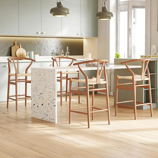 Modern Dining Chairs with Natural Weave Seat - Sturdy Construction Bar Stools for Kitchen Island, Versatile Use in Dining Room and Bedroom, Stylish Simple Design Comfortable Fully Assembled,Walnut-Rat