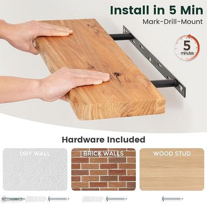 48 Inch Live Edge Floating Shelves, 8 Inch Deep Solid Elm Wood Wall Shelf, Heavy-Duty Wall Mounted Shelf with Invisible Brackets for Living Room, Bathroom, Kitchen, Set of 1, Natural Color