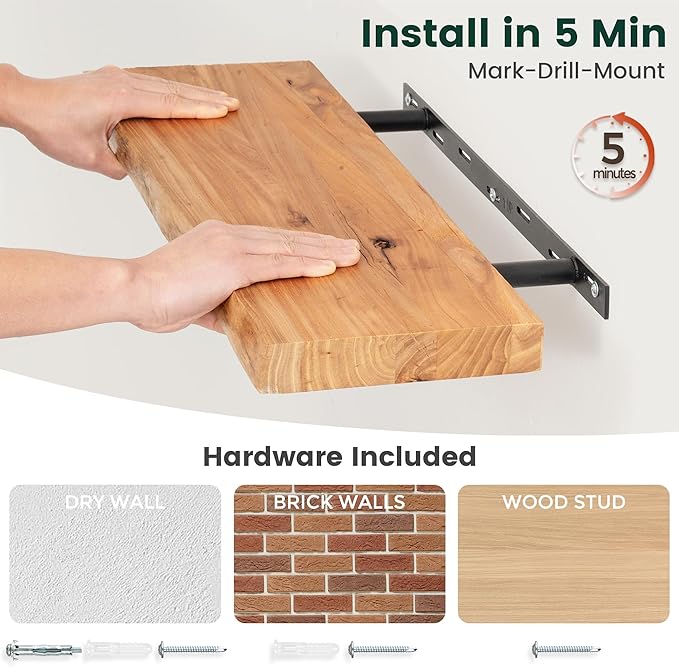 55 Inch Live Edge Floating Shelves, 8 Inch Deep Solid Elm Wood Wall Shelf, Heavy-Duty Wall Mounted Shelf with Invisible Brackets for Living Room, Bathroom, Kitchen, Set of 1, Natural Color
