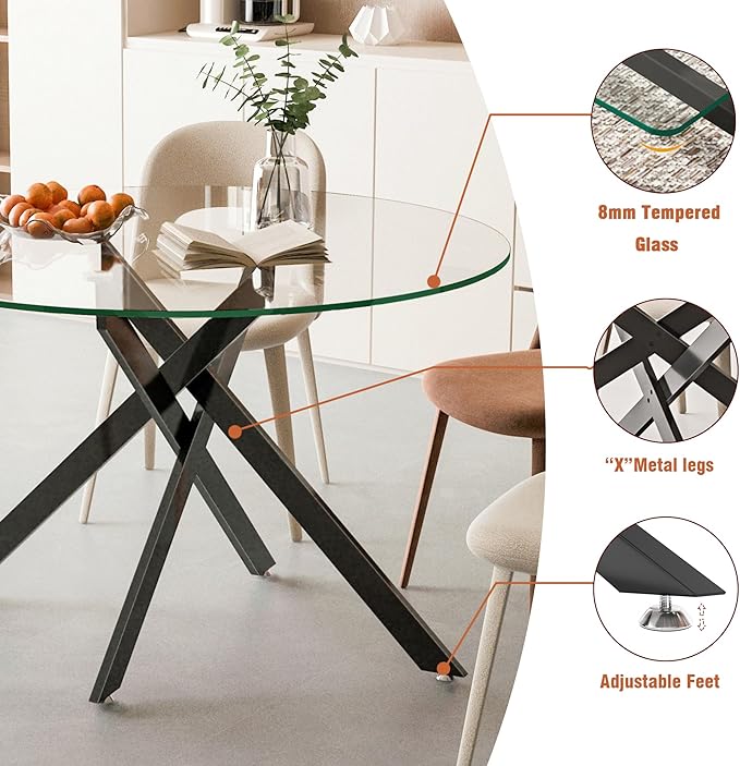 Pvillez 47.2“ Round Dining Table for 4, Contemporary Tempered Glass Dining Table, Small Dinner Table with Black Cross Metal Base, Round Clear Kitchen Table Writing Desk for Dining Kitchen