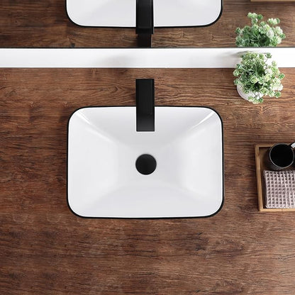 Bathroom Vessel Sink 18.2'' x 13.3'' Small Semi Recessed Bathroom Sink Rectangular Drop In Sink with Overflow White with Black Trim Ceramic Modern Vessel Sinks for Bathroom
