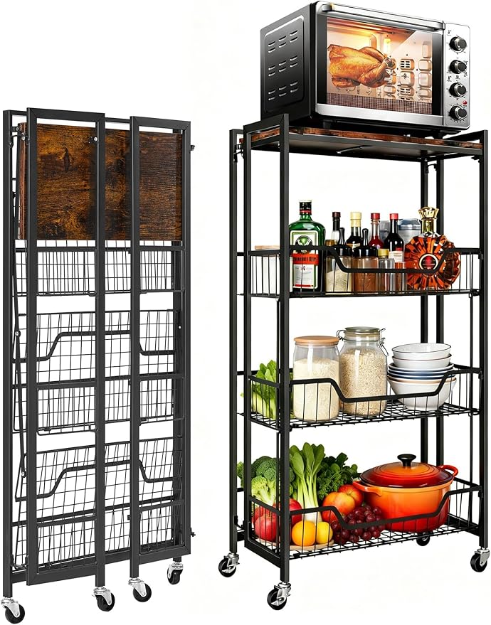 PeakPursuit Large 4-Tier Collapsible Wooden Storage Shelf – Heavy Duty 100 lbs Capacity, Locking Wheels – Space-Saving Organizer for Kitchen, Garage, Workshop, Home – No Assembly Required