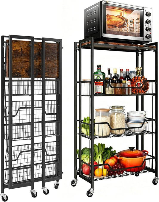 PeakPursuit Large 4-Tier Collapsible Wooden Storage Shelf – Heavy Duty 100 lbs Capacity, Locking Wheels – Space-Saving Organizer for Kitchen, Garage, Workshop, Home – No Assembly Required