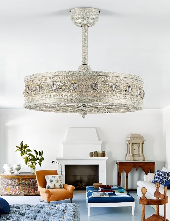Art Deco Chandelier Ceiling Fan with Light,Antique Coastal Ornate Caged Bladeless Fandelier,Glam Statement Crystal Light Fixture,Hanging/Flush Mount for Bedroom,Dining Room,Living Room,Kitchen Island