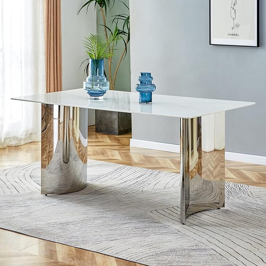 gopop 71'' Modern Dining Table for 6,Marble Dining Table with 0.39-Inch Thick Glass Tabletop and Chrome-Plated Stainless Steel Base,White Large Dinner Table Ideal for Kitchen Home Office