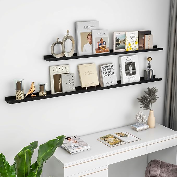 FLYJOE Picture Ledge Shelf for Wall, 24 inch Solid Ash Wood Nursery Book Shelves 2 Packs, Floating Shelves for Kids' Room Bedroom Bathroom Living Room Photo Frames Office Nursey Wall Decor, Black