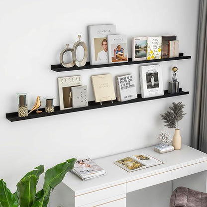 FLYJOE Picture Ledge Shelf for Wall, 24 inch Solid Ash Wood Nursery Book Shelves 2 Packs, Floating Shelves for Kids' Room Bedroom Bathroom Living Room Photo Frames Office Nursey Wall Decor, Black