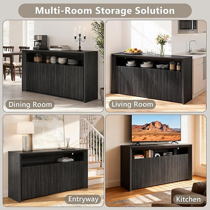 Feonase Buffet Cabinet with Storage & Led Lights, 66.2" Modern Sideboard Cabinet with 4 Doors & Shelves, Fluted Media Console Mid Century, Coffee Bar Table for Dining Room Kitchen, Dark Grey