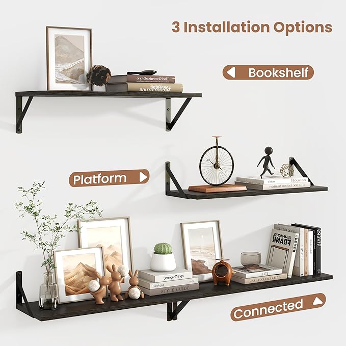 Axeman 24 Inch Black Floating Shelves | 8 Inch Deep Wall Shelves Set of 2 | 24''W x 8''D Rustic Black Wood Shelves for Bathroom Kitchen Living Room Bookshelf Home Office
