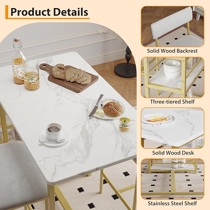 Takywep 3 Piece Dining Table Set for 2 with 3 Large Storage Shelves, Kitchen Table and Chairs for 2 with Pu Cushion Chairs & Thick Wood Top, Dining Table Set for Small Space, Apartment, Gold