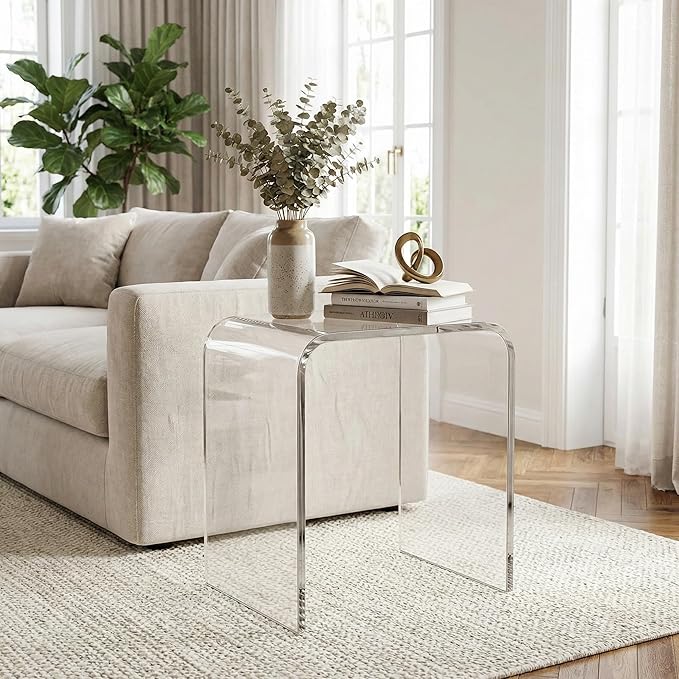 WAHFAY Acrylic End Table, Clear Lucite Coffee Table with Waterfall Edges, Contemporary Square Nightstand and Side Table for Small Living Room, Bathroom, Bedroom and Office