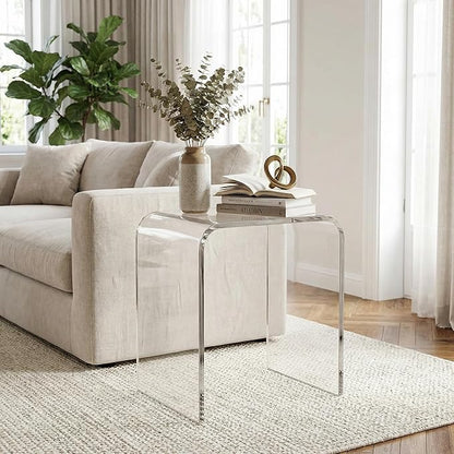 WAHFAY Acrylic End Table, Clear Lucite Coffee Table with Waterfall Edges, Contemporary Square Nightstand and Side Table for Small Living Room, Bathroom, Bedroom and Office