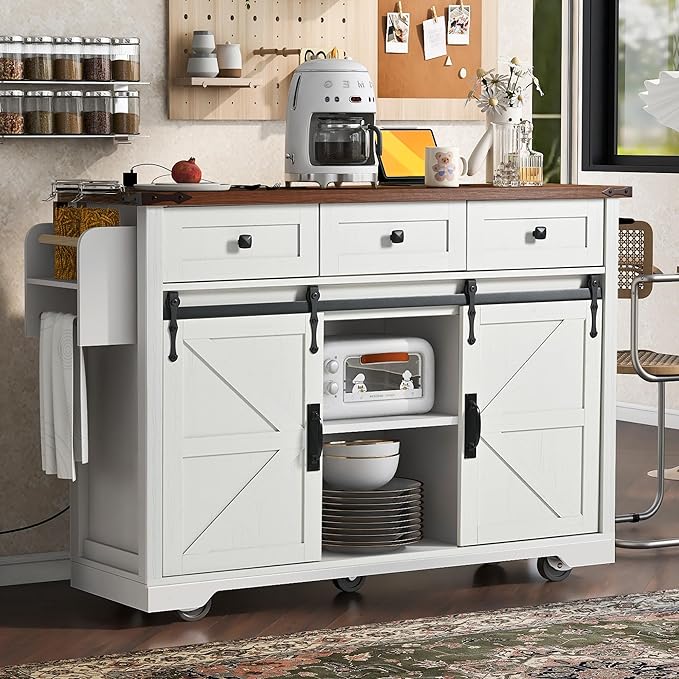 Bellemave 53.7" Farmhouse Kitchen Island cart with Charging Station, Rolling Kitchen Island Table with Drop-Leaf, 3 Drawers, Barn Doors, Large, White