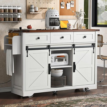 Bellemave 53.7" Farmhouse Kitchen Island cart with Charging Station, Rolling Kitchen Island Table with Drop-Leaf, 3 Drawers, Barn Doors, Large, White