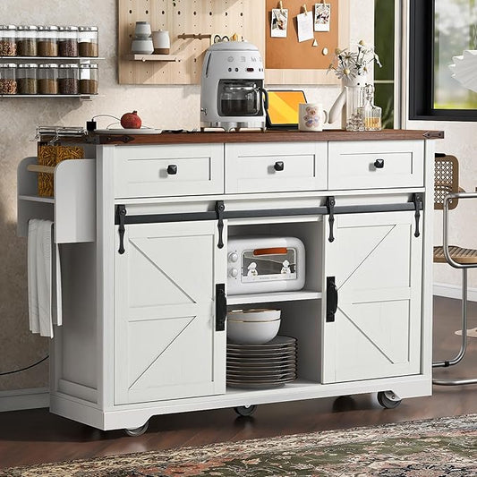 Bellemave 53.7" Farmhouse Kitchen Island cart with Charging Station, Rolling Kitchen Island Table with Drop-Leaf, 3 Drawers, Barn Doors, Large, White