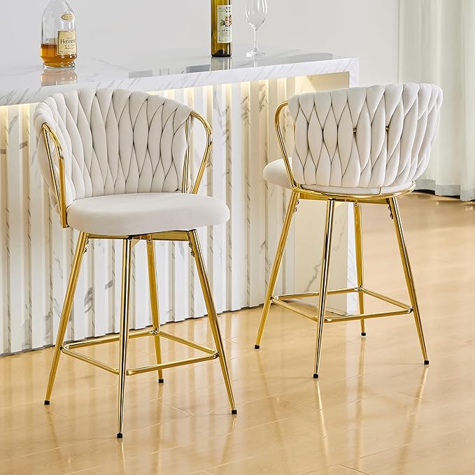 Velvet Upholstered Bar Stools Set of 2,Counter Height Bar Stools Set of 2, Modern Barstools for Kitchen Island, Cafe, Pub