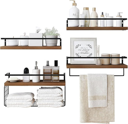 Wood Floating Shelves Wall Mounted - 4+1 Tier Rustic Bathroom Wall Shelves Over Toilet with Wire Storage Basket and Towel Bar, Set of 4 Farmhouse Floating Shelf for Bathroom, Kitchen, Bedroom.