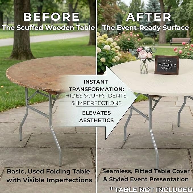 Kwik-Covers 10 Pack of Round Plastic Table Covers - 60" or 72" Round - Indoor or Outdoor Fitted Covers (Tables NOT Included) (Ivory, 60" Round)