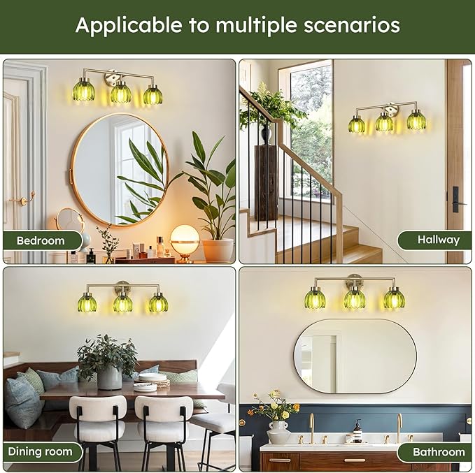 Generies Green Glass Vanity Light, Vintage 3-Light Bathroom Vanity Light Fixture Over Mirror, Art Deco Wall Sconce Lighting for Bathroom, Bedroom, Hallway, Brushed Gold